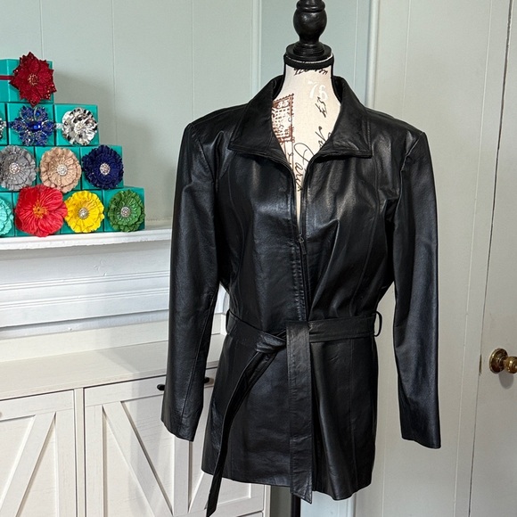 Worthington authentic leather‎ jacket zip front sash tie black XL - Picture 1 of 13